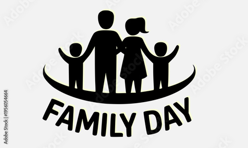 Family Day bold black silhouette logo design featuring parents and two children standing united with a dynamic swoosh, perfect for community events, school programs