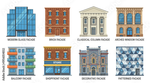 Vector illustrations of various architectural facades showcase modern glass, brick, classical column, arched window, balcony, shopfront, decorative, and patterned designs.