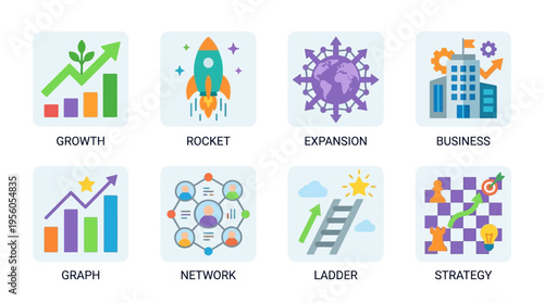 Business growth strategy vector concepts with rocket expansion graph and network ladder