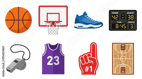 A vector illustration of a basketball game with players wearing a purple jersey and blue shoes on a wooden court with a scoreboard.