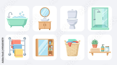 Vector illustrations of various bathroom items and fixtures in a modern vector style
