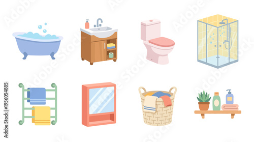 Vector icons of bathroom essentials in a modern vector style setting indoors