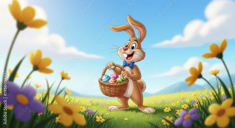 Fototapeta premium A cheerful bunny holding a basket of colorful eggs in a blooming meadow.