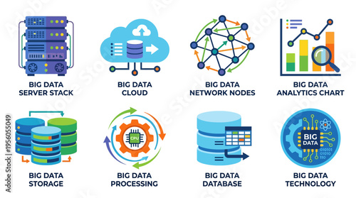 Vector graphics illustrate big data concepts including server stack, cloud, network nodes, analytics chart, storage, processing, database, and technology in a detailed infographic.