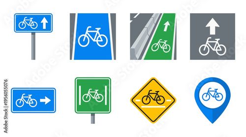 A vector graphic illustration of various bicycle signs and symbols on a white background for transportation and travel.