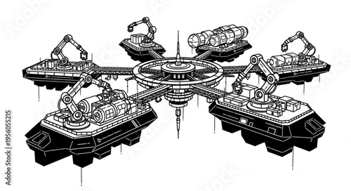 Futuristic Hovercraft Network - Central Hub with Connected Vehicles.