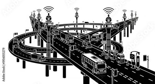 Futuristic Highway Overpass with Autonomous Vehicles and Wireless Connectivity.