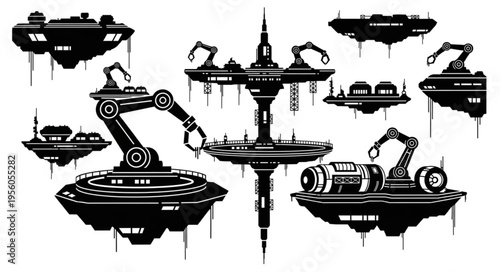 Futuristic Industrial Space Station Silhouette with Robotic Arms and Platforms.