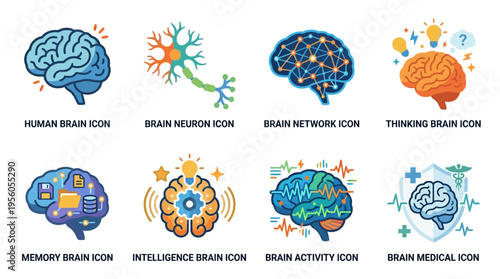 Vector illustrations of human brain icons in various colorful designs and patterns on a white background for medical and educational purposes.
