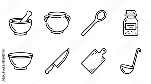 Kitchen tools icon set with mortar, pot, spoon, salt jar, bowl, knife, cutting board, and ladle, drawn in black-and-white line art, symbolizing cooking, food preparation, and culinary craft.