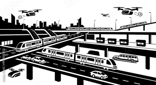 Futuristic Urban Transportation System with Trains, Cars, and Drones.