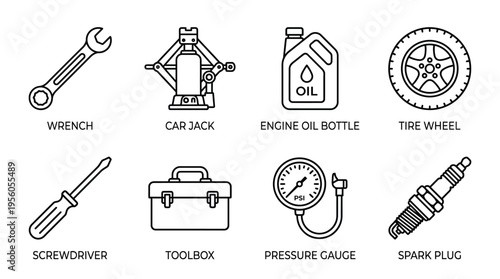 Automotive tools icon set with wrench, jack, oil, tire, screwdriver, toolbox, gauge, and spark plug, drawn in black-and-white line art, symbolizing car repair, maintenance, and mechanics.