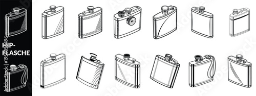Vector illustration of a minimal hip flask or pocket bottle with a secured cap in two styles a dark gray colored version and a black and white outline drawing, Hip Flasche auf  schwarzem Hintergrund 