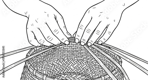 Hands Weaving a Basket - Detailed Line Art Illustration.