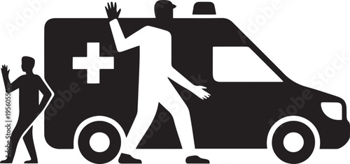 Medical assistance graphic depicting an ambulance and two people symbolizing emergency services and aid, black and white icon illustration