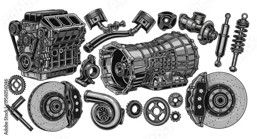 Detailed Illustration of Car Engine and Components.