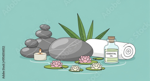 Spa Day Essentials - Stones, Candles, Aloe, and Lotus Flowers.