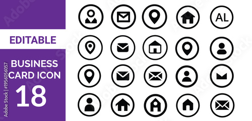 Business card icon set. Containing contact information, name, address, phone, e-mail, location, website, telephone, mail and more. Vector illustrati
