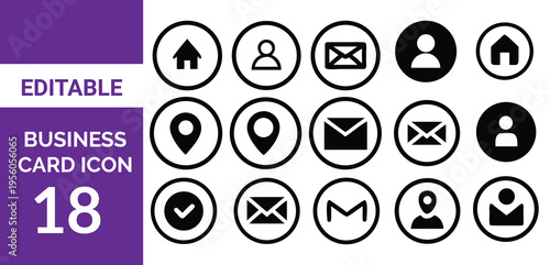 Business card icon set. Containing contact information, name, address, phone, e-mail, location, website, telephone, mail and more. Vector illustrati