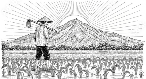Monochrome Illustration of a Farmer in a Rice Field with Mountain Backdrop.