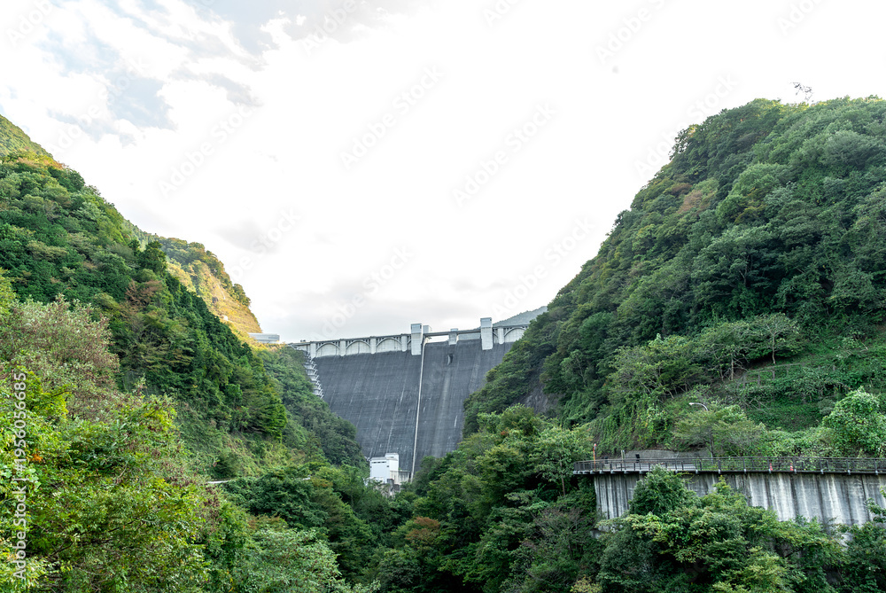 Obraz premium 埼玉県秩父市の山間にそびえ立つ浦山ダムの巨大な堤体と周囲を囲む豊かな樹木/Massive Embankment of Urayama Dam Towering in the Mountains of Chichibu with Surrounding Rich Greenery