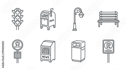 City life objects icon set with traffic light, fuel pump, street lamp, bench, bus stop, storefront, trash bin, and parking sign, symbolizing urban infrastructure and public amenities.