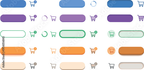 Modern E-commerce Web Button Set with Shopping Cart Icons Notification Badges and Loading Spinners for Online Store User Interface Design and App Development