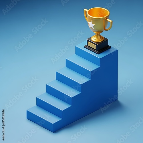 Gold trophy on top of blue stairs leading to success and achievement with a star on the trophy