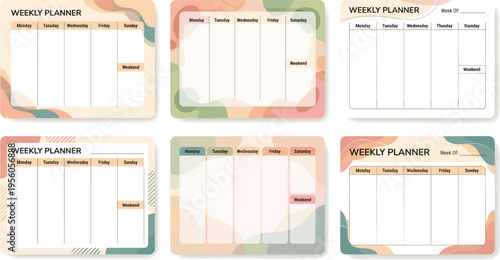 Set of Six Weekly Planner Templates with Minimalist Aesthetic Organic Background Shapes and Pastel Tones for Modern Office Organization Student Scheduling and Personal Productivity