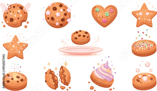 Sweet Donut and Cookie Dessert Vector Illustration Set Featuring Glazed Pastries, Sprinkles, Heart and Star Shapes, Cute Bakery Food Icons Collection