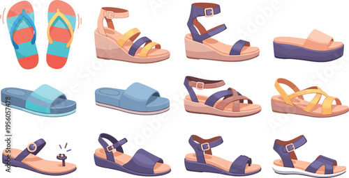 Women Sandals Collection Set with Stylish Summer Footwear Casual Wedge Platform and Flat Shoes Fashion Cartoon Vector Illustrations for Retail Catalog and Lifestyle Design