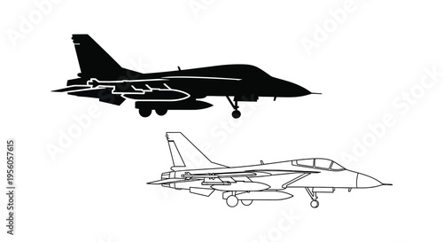 Detailed fighter jet illustrations including a striking black silhouette high quality