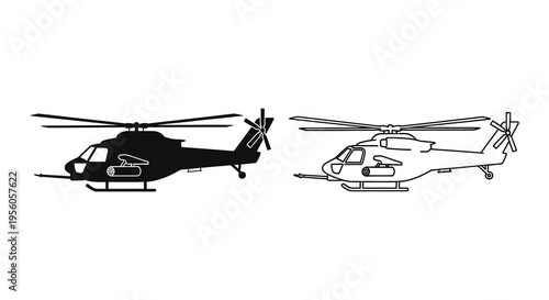 Two depictions of a helicopter one black and one white shown in profile silhouette