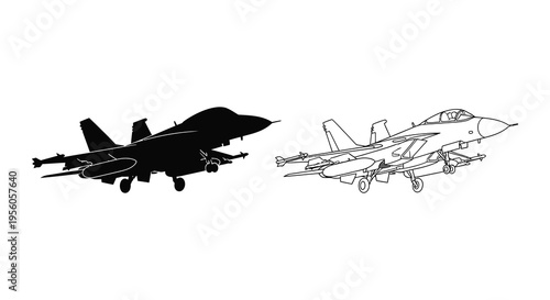 Modern fighter jet depicted in both line art and black silhouette