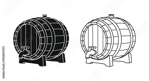 Two wooden barrel illustrations one solid and one outlined in black and white silhouette