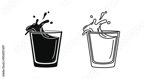 Splash of liquid in a glass illustrated in black and white silhouette