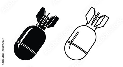 Two bomb illustrations one filled and one outlined in a stark silhouette