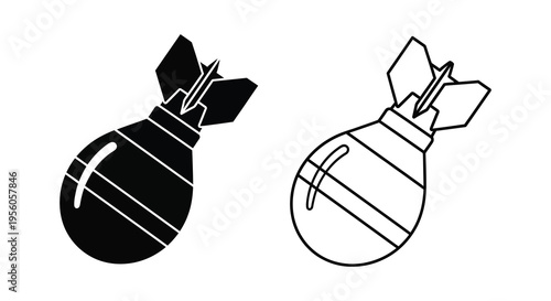 Two bomb illustrations one solid one outlined presented in a stark silhouette