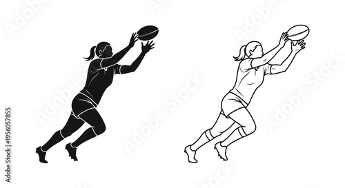Female athletes reaching for a rugby ball in dynamic action silhouette