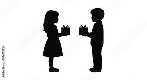 Two children exchanging gifts a heartwarming scene captured in silhouette