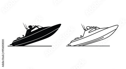 Two depictions of a speedboat one solid black and one outlined silhouette