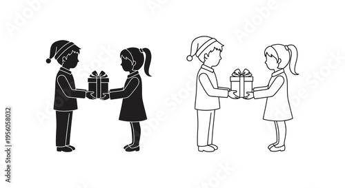 Children exchanging gifts in a festive scene depicted as a silhouette