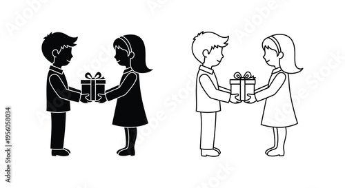 A boy giving a gift to a girl depicted in a simple black silhouette