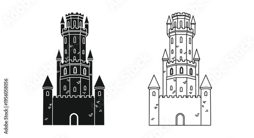 Two medieval towers depicted in a striking black and white silhouette