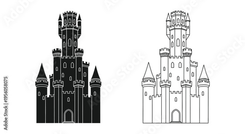 Detailed illustrations of fairytale castles presented in a striking black silhouette