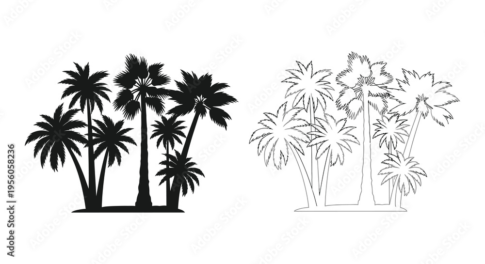 Fototapeta premium Tropical palm trees in contrasting black and white a striking silhouette