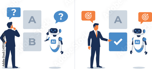 Businessman and ai robot assistant making a decision between option a and b vector