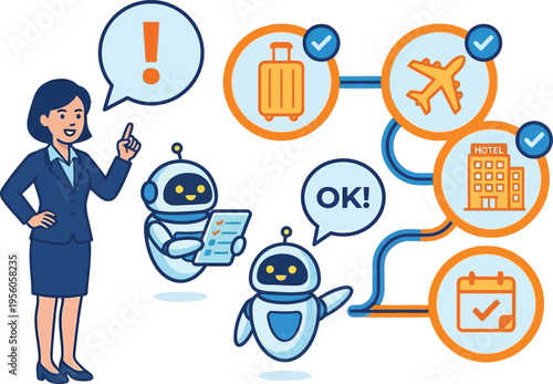 Businesswoman using personal ai agent robots for travel task management and execution