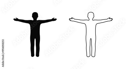 Two human figures one solid black and one outlined pose with arms outstretched silhouette