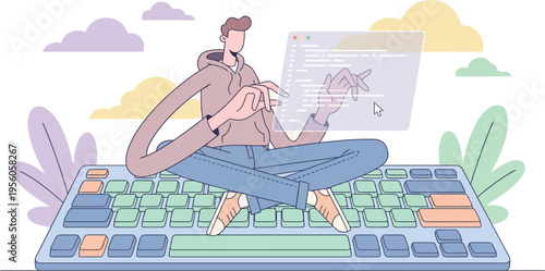 Programmer with long limbs sitting on a giant keyboard writing code on a floating screen in minimalist flat design with pastel accents